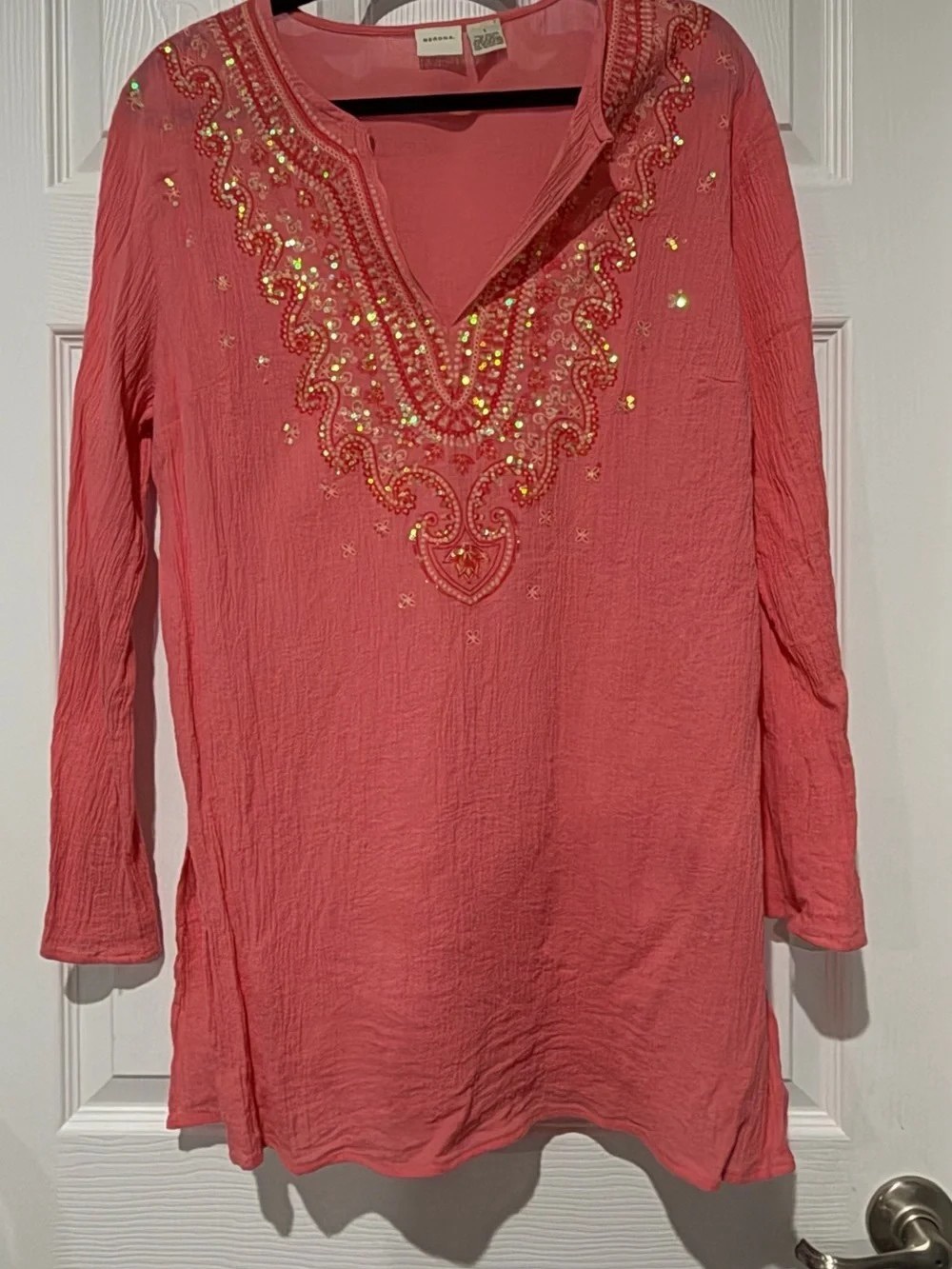 Embroidered Sequin V-Neck Long-Sleeve Tunic - Coral Pink